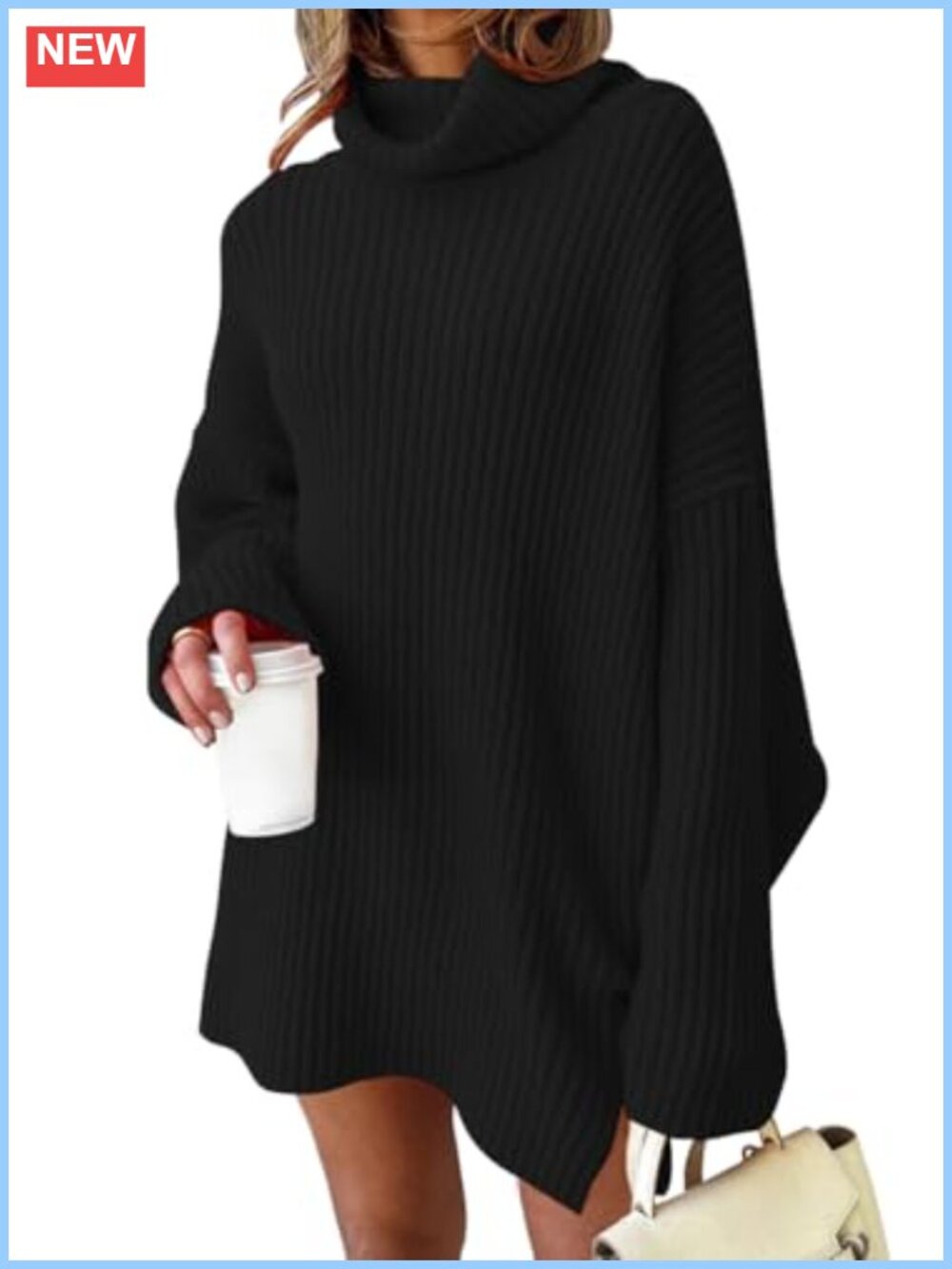 Womens Oversized Turtleneck Sweater Dress Split Hem Knit Pullover